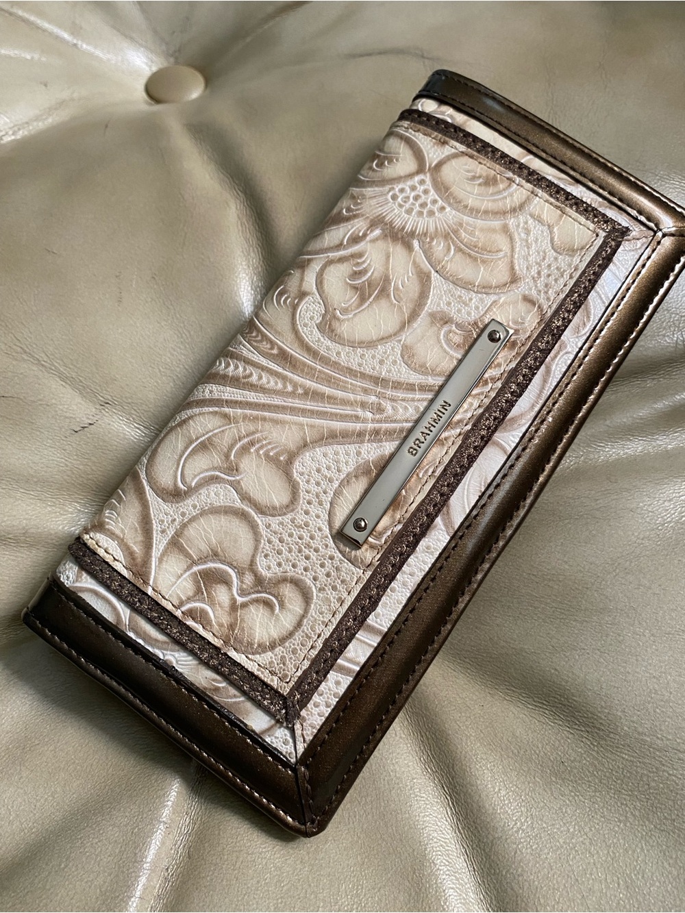 HTF Brahmin Bourdele Wallet in Cream/Gold/Taupe Scroll Embossed Leather